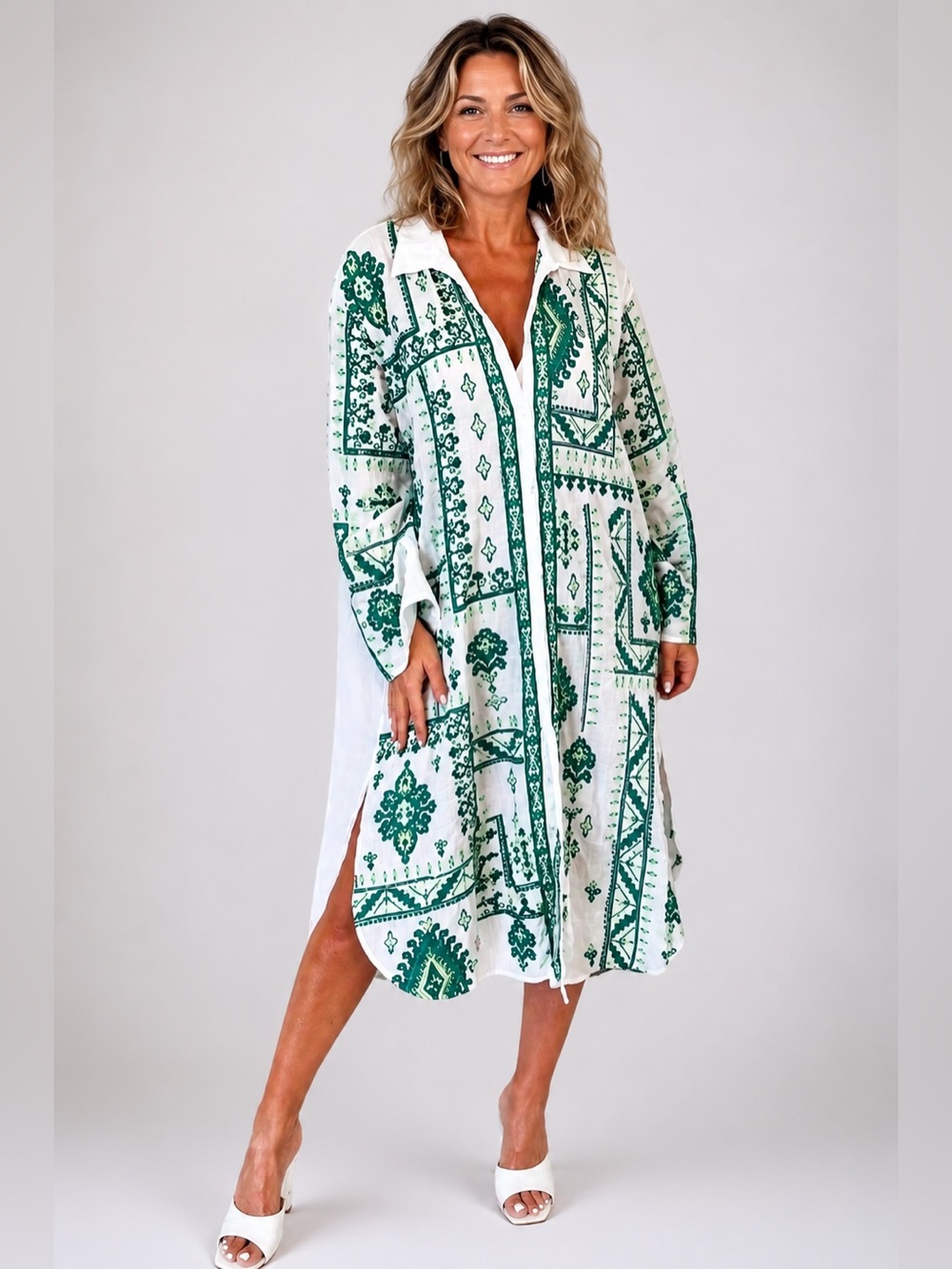 Zara Womens Lg White Green Embroidered Tunic Collared Shirt Dress Boho Cover Up